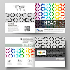 Business templates for square bi fold brochure, flyer. Leaflet cover, abstract vector layout. Chemistry pattern, hexagonal design molecule structure, medical DNA research. Colorful background