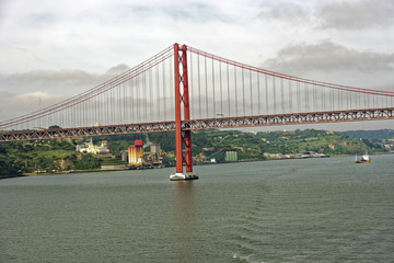 Passage under the 25th of April suspension bridge across the River Tagus in Lisbon, Portugal