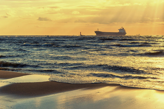 Ships at sunset in the Baltic sea