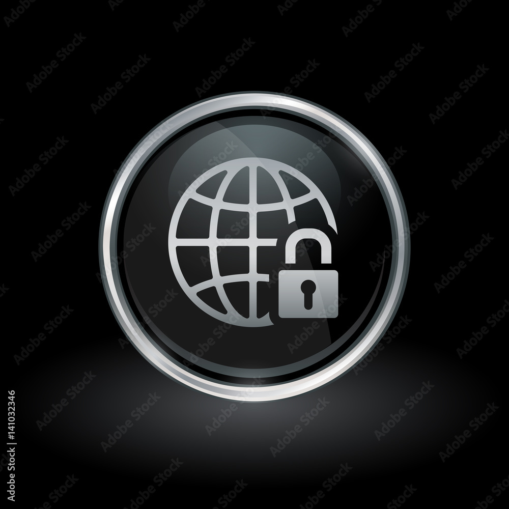 Wall mural secure global network symbol with globe and padlock icon inside round chrome silver and black button