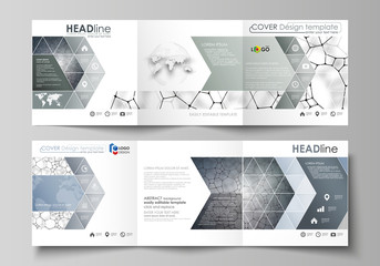 Business templates for tri fold square design brochures. Leaflet cover, vector layout. Chemistry pattern, molecular texture, polygonal molecule structure, cell. Medicine, science, microbiology concept
