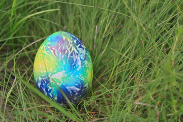 Colored Easter egg on green grass