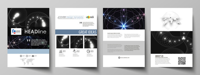 Business templates for brochure, magazine, flyer, booklet or annual report. Cover design template, vector abstract layout in A4 size. Sacred geometry, glowing geometrical ornament. Mystical background