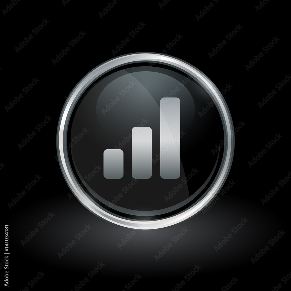 Wall mural chart symbol with bar graph progress icon inside round chrome silver and black button emblem on blac