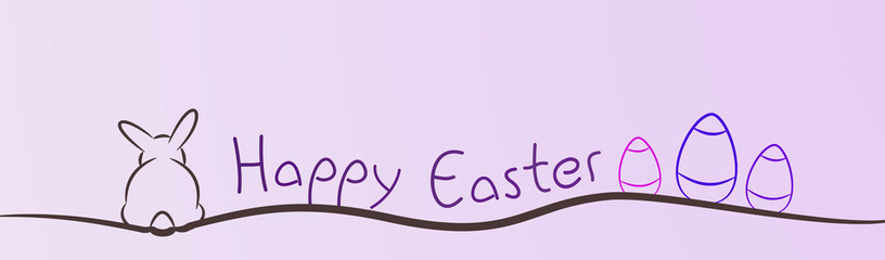 Happy Easter. On the left side a rabbit from behind, on the right side easter eggs in purple shades.