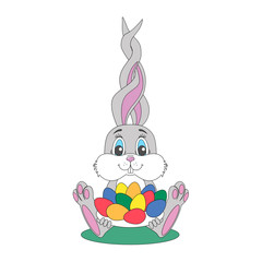 Cute gray Easter rabbit with long ears holds a plate with colorful eggs