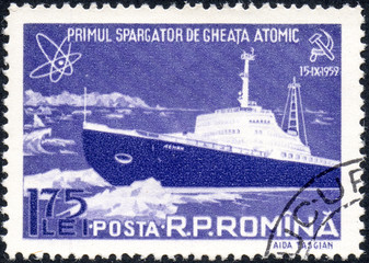 UKRAINE - CIRCA 2017: A stamp printed in the Romania shows known russian Atomic Icebreaker Lenin, circa 1959