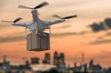 3D rendered illustration of flying drone delivering package at sunset. - obrazy, fototapety, plakaty