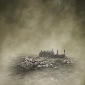 Abandoned, derelict croft in a bleak, misty moorland landscape captured using long exposure, bokeh and other effects with some areas blurred to create a surreal and dreamlike effect.