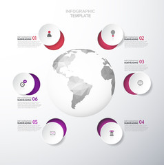 Fototapeta premium Infographic template with six colorful circles and icons line up around polygonal map - light version.