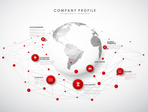 Company profile overview template with red circles, dots and polygonal globe - light version.