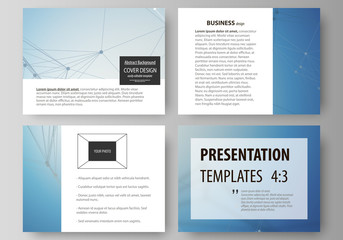 Set of business templates for presentation slides. Easy editable abstract vector layouts in flat design. Geometric blue color background, molecule structure, science concept. Connected lines and dots.