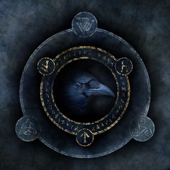 Celtic Crow Prophecy with a sinister crow head materialising within a circular emblem of elaborate Celtic, pagan and runic symbols.