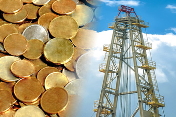Drilling rig for mining amid money . The concept of price changes on the oil market