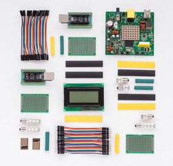 Electronic components on white background. Flat lay.