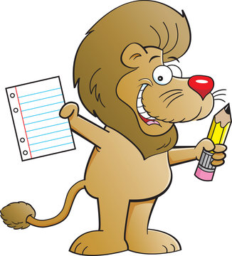 recommend clip art: Cartoon illustration of a lion holding a per and pencil.