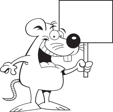 Black and white illustration of a mouse holding a sign.