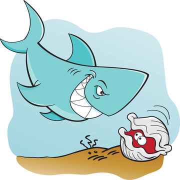 recommend clip art: Cartoon illustration of a shark and a clam.