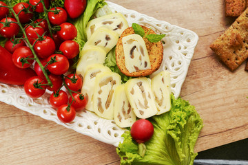 Arranged cheese with baby tomatoes,  Continental Breakfast