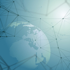 Abstract futuristic network shapes. High tech background, connecting lines and dots, polygonal linear texture. World globe on blue. Global network connections, geometric design, dig data concept.