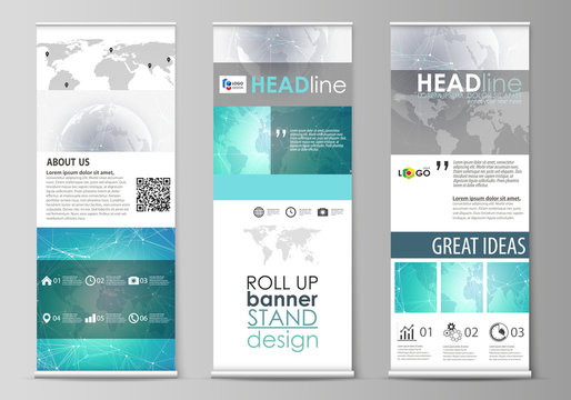 The minimalistic vector illustration of editable layout of roll up banner stands, vertical flyers, flags design business templates. Chemistry pattern. Molecule structure. Medical, science background.