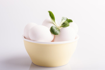 Bowl with white eggs on white background