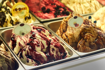 Showcase with colorful fruit ice cream