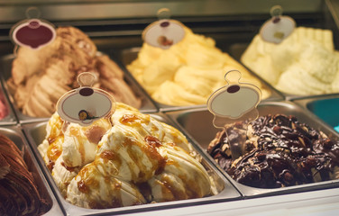 Showcase with colorful fruit ice cream