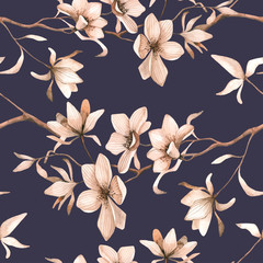 Seamless floral pattern with magnolias on a dark-blue background. Vector illustration. - obrazy, fototapety, plakaty