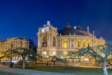 Odessa Opera and Ballet Theater in the heart of Odessa, Ukraine at night