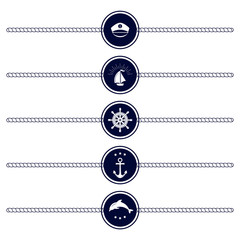 Set of Round Maritime icons. Vector sign anchor ocean ship, graphic element nautical symbols. Marine emblem. Travel sea stamp sailing rope symbols.