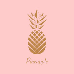 Gold foil Pineapple design. Summer fruit trendy illustration. Pineapple isolated on pink background. Poster pattern. Tropical fruit. Vector.