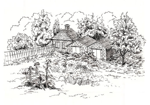 Sketch of rural landscape with old cottage, barn, garage and garden. Ink sketch