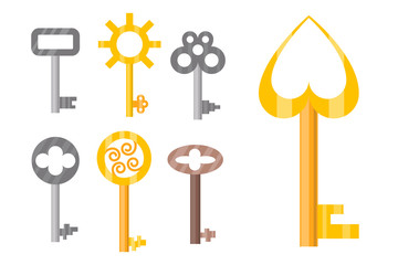 Vintage or antique door key isolated access household tool retro metal security house protection and decorative skeleton ornate secret sign vector illustration.