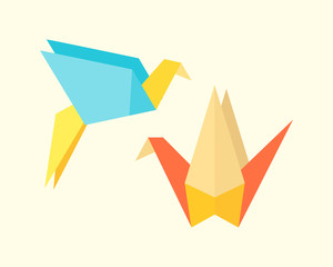 Origami birds crane abstract nature icon craft symbol art creative decoration japan and paper fly wing dove geometric concept vector illustration.