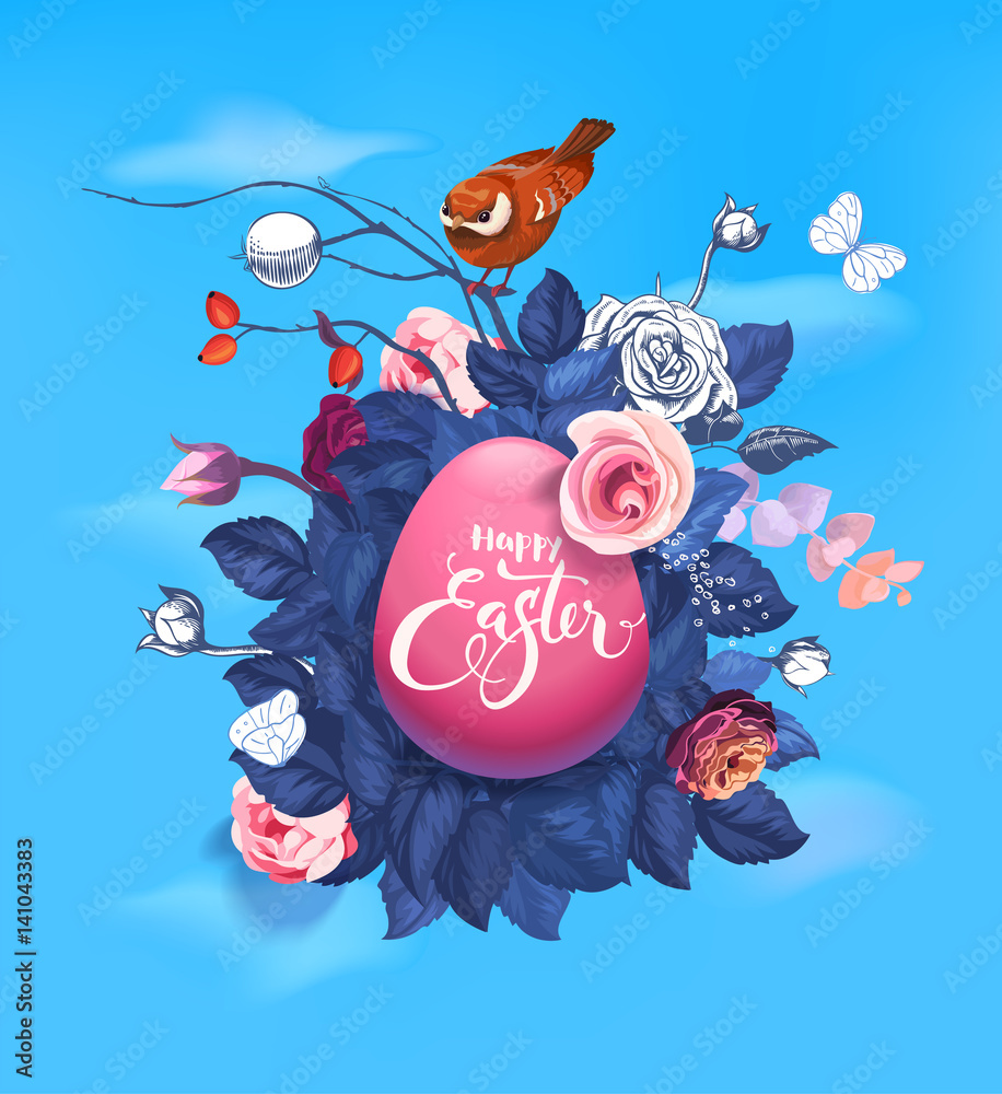 Poster decorated pink easter egg with beautiful hand lettering against bouquet of wild roses, cute small bi