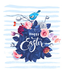 Obraz premium Happy Easter hand written text against bush of rose flowers, blue bird sitting on top of it and horizontal paint traces on background. Vector illustration for party invitation, greeting card, flyer.
