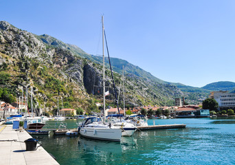 Fototapeta na wymiar Port of the old town, Kotor, travel around Europe. Montenegro