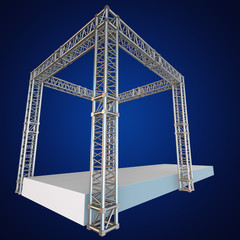 Steel truss girder rooftop construction with outdoor festival stage. 3d render podium on blue
