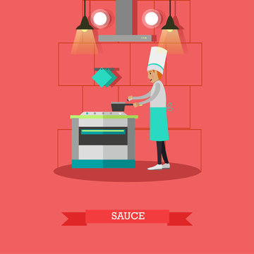 Vector illustration of cook preparing sauce in flat style