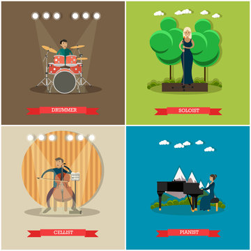 Vector set of singers and musicians concept flat posters