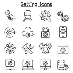 Setting, Setup, Configuration, Maintenance icon set in thin line style