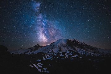 Stars, night sky and snow capped mountains 