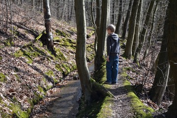 Kleiner Junge im Wald , steht an einem Bach und schaut zum Wasser