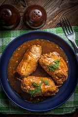 Tasty roulades beef on plate.