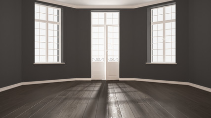 Empty room with big windows ad parquet floor, minimalist classic interior design