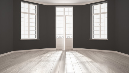 Obraz premium Empty room with big windows ad parquet floor, minimalist classic interior design