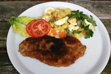 organisch, lifestyle, schnitzel, wildkräuter, urban, bayrischer, kartofelsalat, werbetafel, copyspace, wildkräuter, 