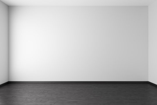 Empty white room with black parquet floor