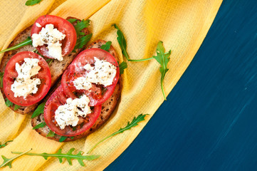 Sandwich with Feta cheese and tomatoes. Fast food, cafe banner